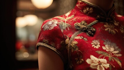 Close-up of a red floral Chinese-style blouse