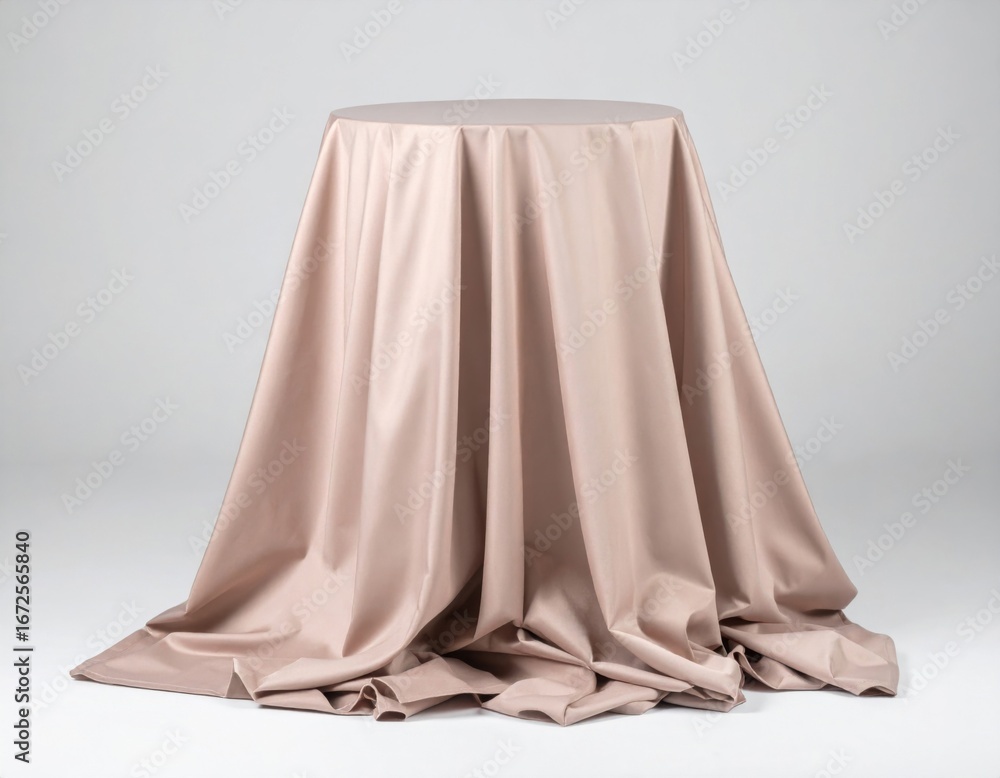 Poster beige fabric draped over a round table cloth in a studio setting with soft light
