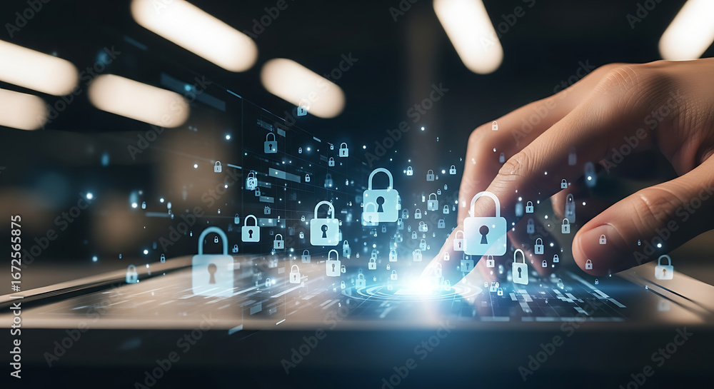 Poster hand interacting with digital padlocks floating above a futuristic device interface screen
