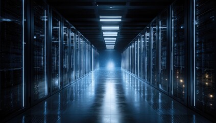Dark server room hallway, lit by cool blue light