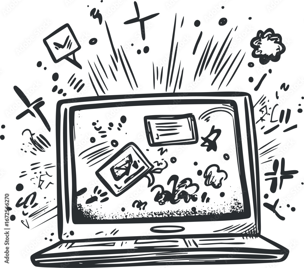Poster black and white sketch illustration of a laptop with various digital icons and symbols exploding fro