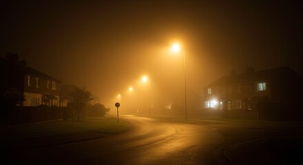 Fogshrouded neighborhood street at night illuminated by glowing streetlights and dim house windows