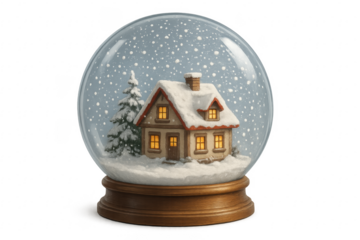 Snow globe featuring cozy illuminated house and falling snow on transparent background