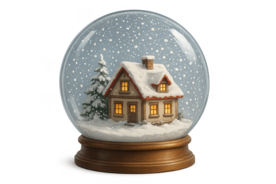 Snow globe featuring cozy illuminated house and falling snow on transparent background