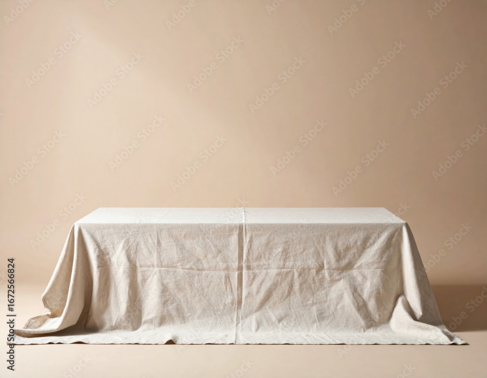 Poster beige table covered with linen fabric in a studio setting under soft lighting
