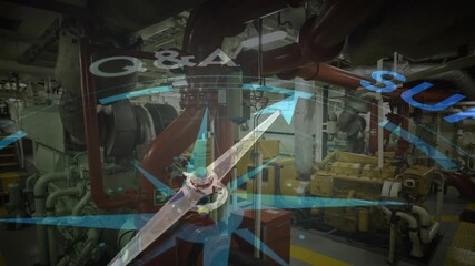 Animation of compass with arrow pointing to support text over industrial machinery - Powered by Adobe