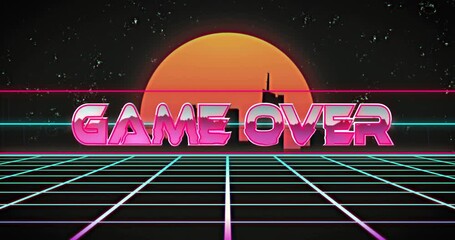 Animation of game over text over digital city and sun on black background - Powered by Adobe