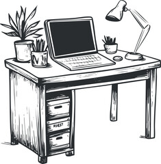 Black and white sketch of a modern office desk with laptop lamp and potted plants
