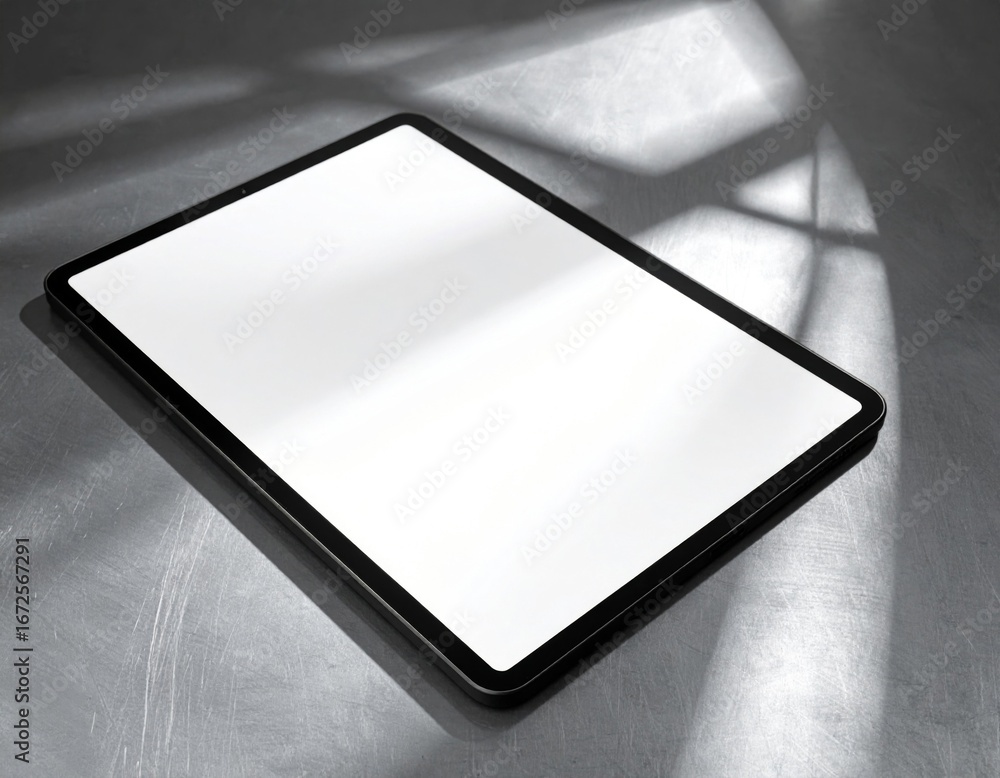 Poster digital tablet with blank white screen display on grey surface in simple indoor setting