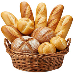 Bread basket displaying an assortment of fresh loaves and rolls.