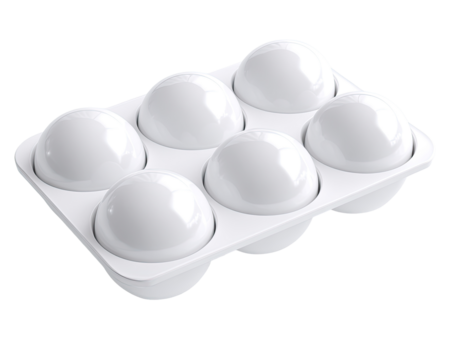Six perfectly round, glossy white orbs nestled in a white, plastic tray