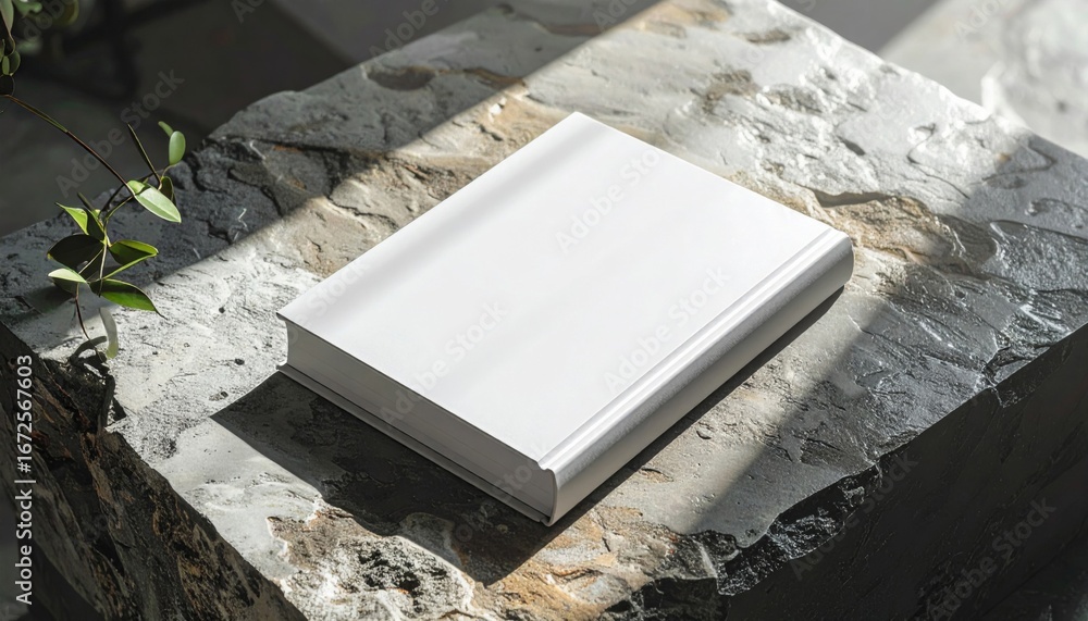 Poster white paper stack on a textured concrete block with sunlight and branch