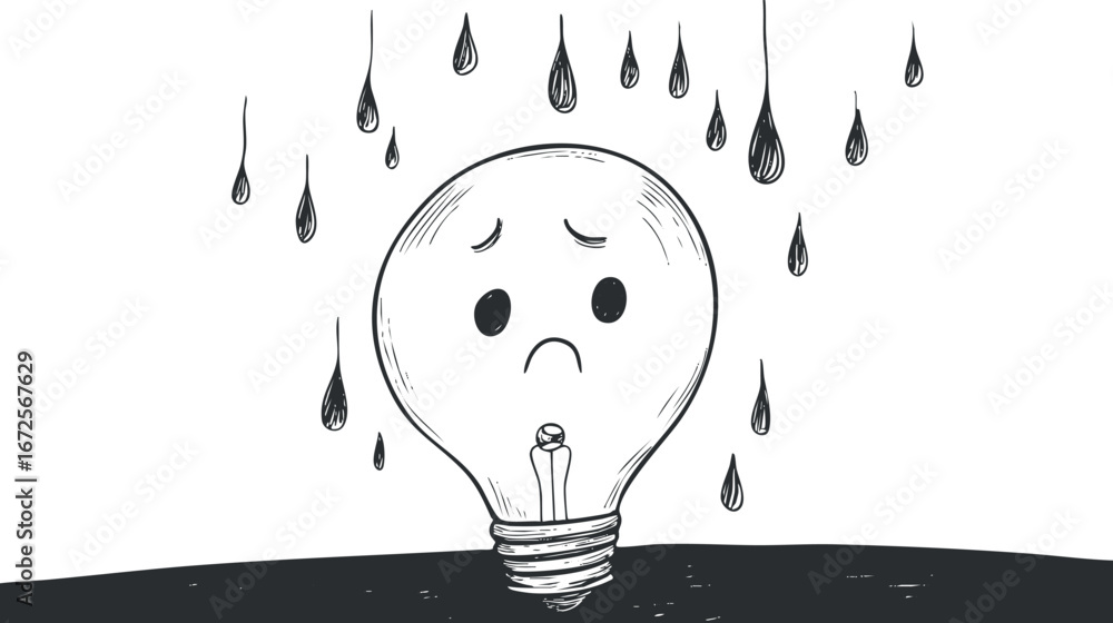 Poster sketch of a sad lightbulb character with raindrops falling around it symbolizing gloomy ideas or moo