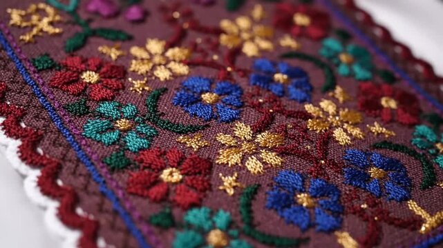 Intricate embroidery with floral patterns and golden accents on a dark fabric, highlighting detailed craftsmanship and vibrant colors
