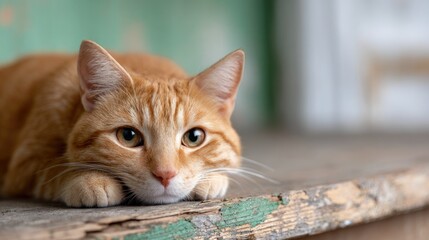 Orange Cat Resting on Wooden Surface