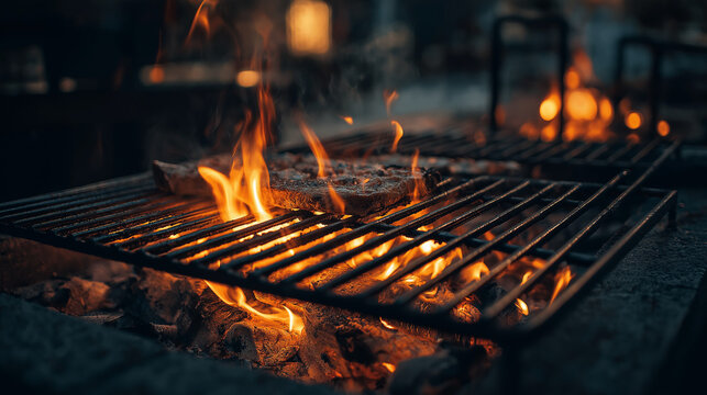 Warm orange fire reflecting off steel cooking surface, creating a vibrant, fiery ambiance with dynamic light and heat energy.