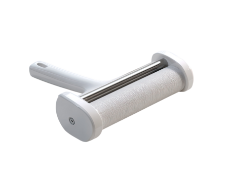 White, handheld, roller-style tool with two circular ends and a handle