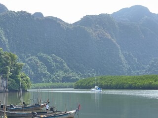 A river with a green forest on either side, big mountain side of river in Krabi Thailand.
