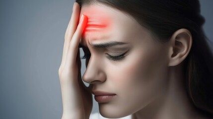 Fototapeta premium Young woman experiencing head pain, touching her forehead with closed eyes.