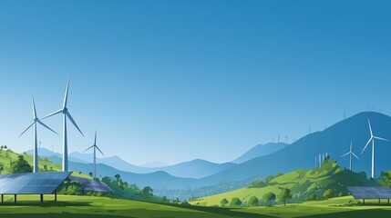 Renewable energy landscape with wind turbines and solar panels against a backdrop of rolling hills and clear blue sky