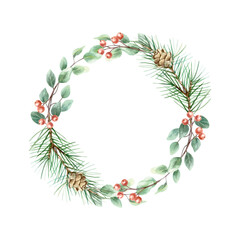 Christmas wreath with green fir branch, sprig of red berries, pine cone and eucalyptus. Hand drawn rustic watercolor pastel illustration for New Year cards and banners.