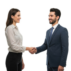 Professional businesswoman and businessman firmly shaking hands in a gesture of agreement and partnership isolated on transparent background