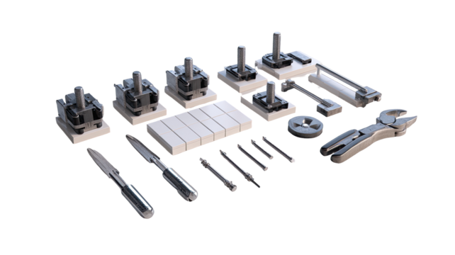 Assorted tools and components, 3D rendered.  Rows of various grey and white mechanical parts, including screws,  sockets,  and pliers, displayed in a flat, isometric view