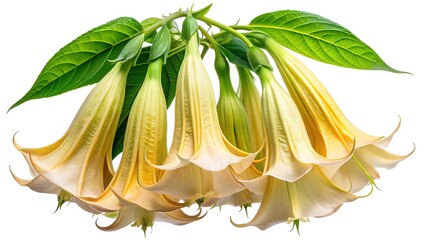 A cascade of Brugmansia flowers with their leaves in a pristine setting