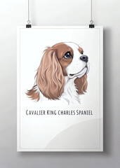 Minimalist Cavalier King Charles Spaniel Portrait Illustration with Large Breed Name Text