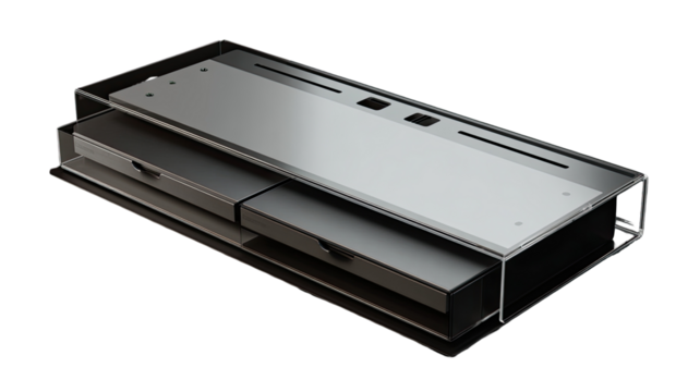 Modern, minimalist, TV stand with clear acrylic case. Features two drawers, and a flat, light gray surface. Internal structure is visible