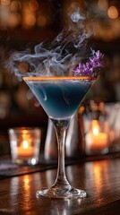 Dark blue martini with purple flower, smoke
