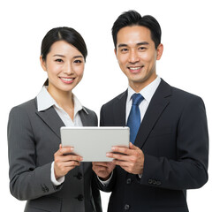 Smiling asian business professionals couple holding a tablet together examining information isolated on transparent background