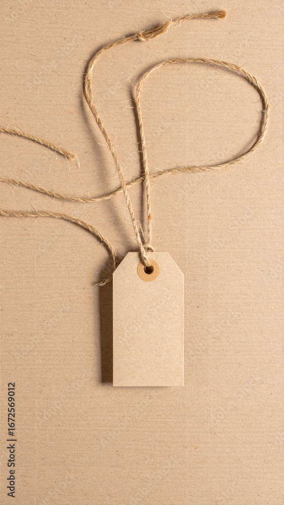 Poster brown kraft tag with string detail on a cardboard background with copy space