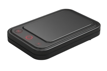 Dark gray rectangular device with two illuminated buttons