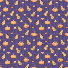Seamless halloween pattern with cute watercolor kawaii pumpkins and candles on a violet wavy plaid background. Autumn harvest design perfect for fabric, textile, wrapping paper, wallpaper, decoration.