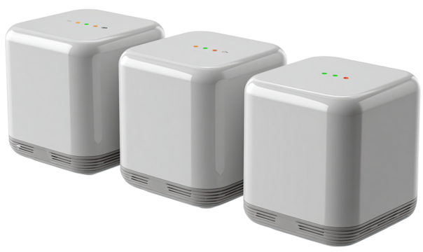 Three identical light gray, square network devices, stacked horizontally.  Small colored indicator lights are visible on each