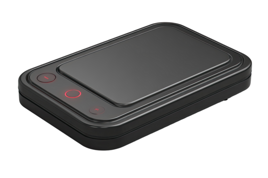 Dark gray rectangular device with two illuminated buttons