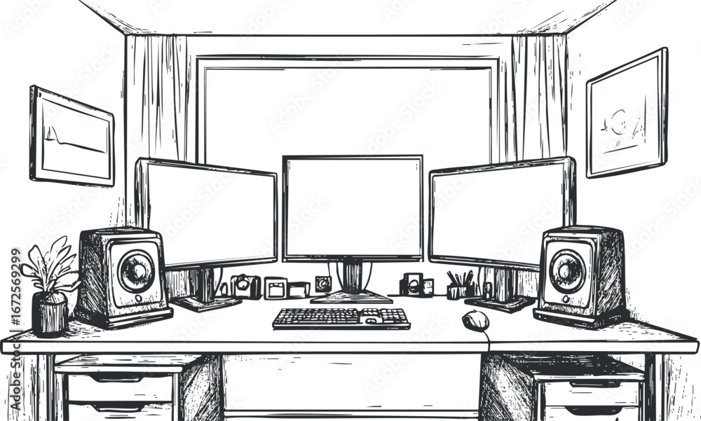 Poster black and white sketch of a modern workspace with three computer monitors and speakers on a desk