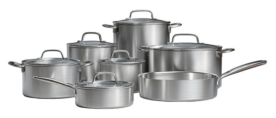 Stainless steel cookware set.  A variety of pots and pans, including stockpots, saucepans, and covered dishes.  Shiny, metallic finish.  Handles and lids included.  Kitchen essentials