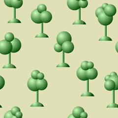 Seamless pattern with various green trees in cartoon toy style on light green background. For your fabric, textile, wallpaper and interior designs