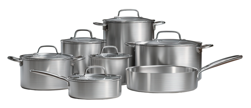 Stainless steel cookware set.  A variety of pots and pans, including stockpots, saucepans, and covered dishes.  Shiny, metallic finish.  Handles and lids included.  Kitchen essentials
