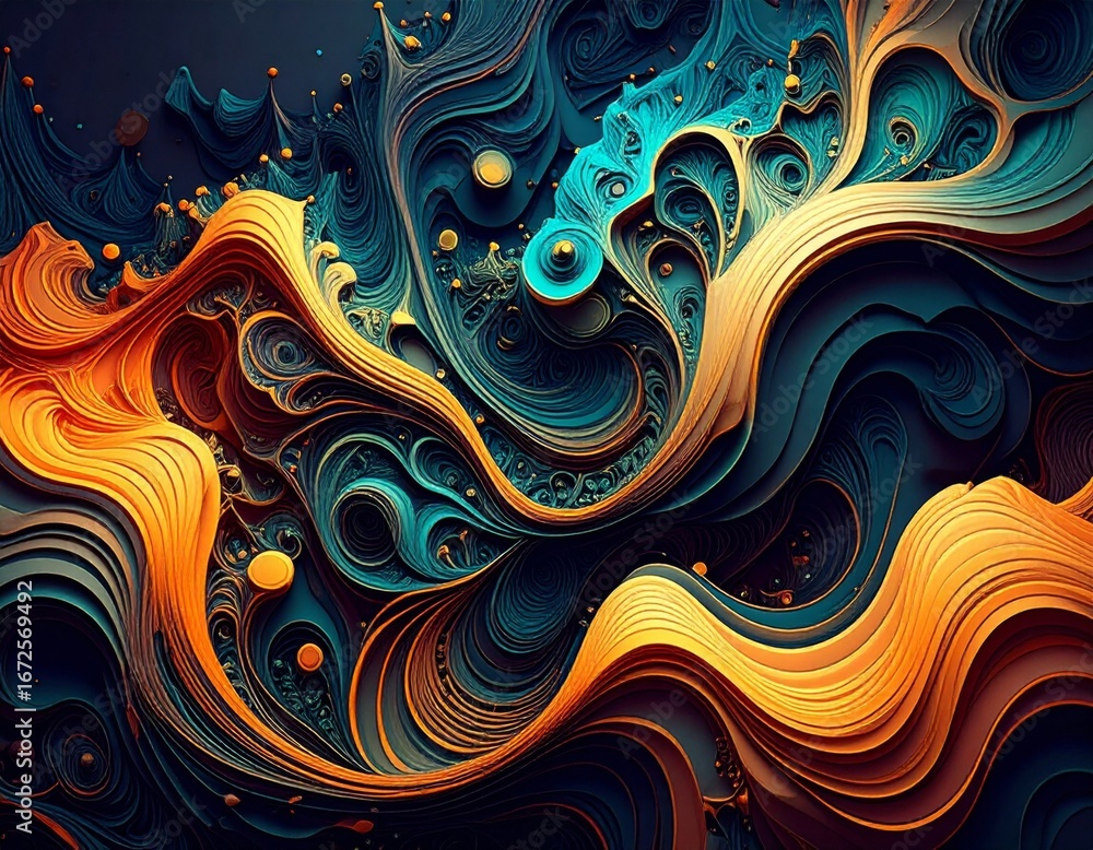 Poster Dynamic Abstract Backdrop with Swirling Teal and Orange Waves Digital Design