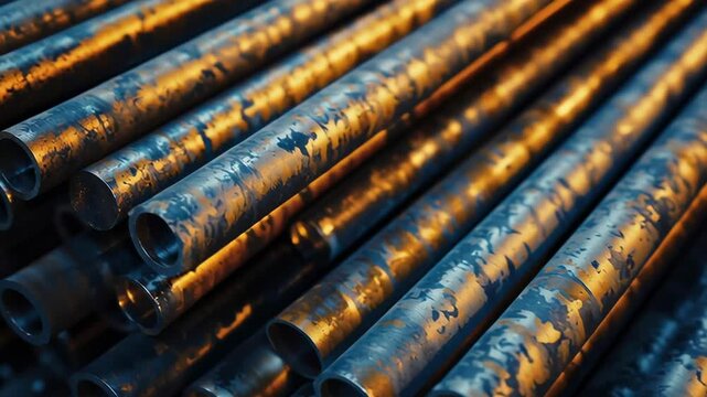 A stack of metal pipes with a metallic sheen. The pipes are piled on top of each other, creating a sense of depth and texture. The image conveys a feeling of industrial strength and durability
