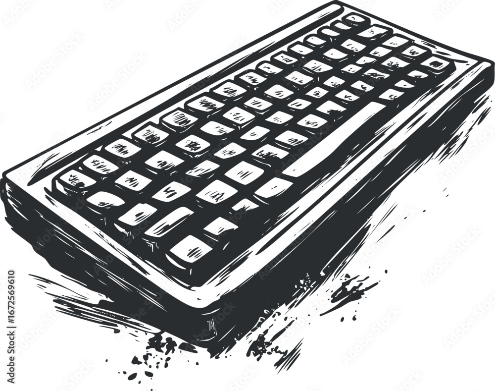 Poster black and white sketch illustration of a computer keyboard with detailed keys and shape on white bac