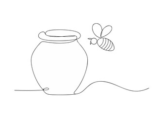 3d continuous one line drawing of honey pot and flying jpg on white background