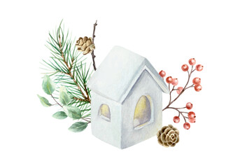 Christmas candlestick house with green fir branch, red berries, eucalyptus leaves and pine cones. Hand drawn watercolor pastel illustration for New Year cards and banners.