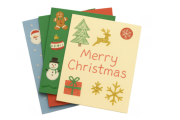 Stack of Christmas Cards with Festive Decorations on Transparent Background