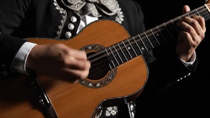 Close-up of a mariachi musician strumming a guitar, showcasing intricate fretwork and traditional attire against a dark background - Powered by Adobe