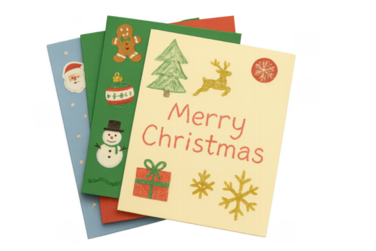 Stack of Christmas Cards with Festive Decorations on Transparent Background