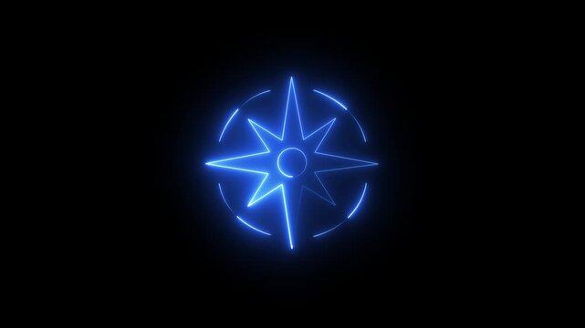 A glowing neon compass arrows icon animation video on black background icon GPS road navigation silhouette logo travel icon. compass rose spinning over  symbolizing exploration and navigation.